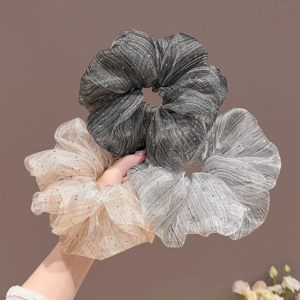 Summer Cloud Bubble Gauze Scrunchie with Star Print for Women – Elegant Low Ponytail Hair Tie, Premium Elastic Hair Band with Floral Dot Pattern